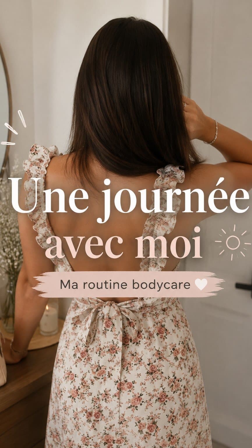 Émilie de dos, en robe fleurie, devant le miroir de sa chambre.