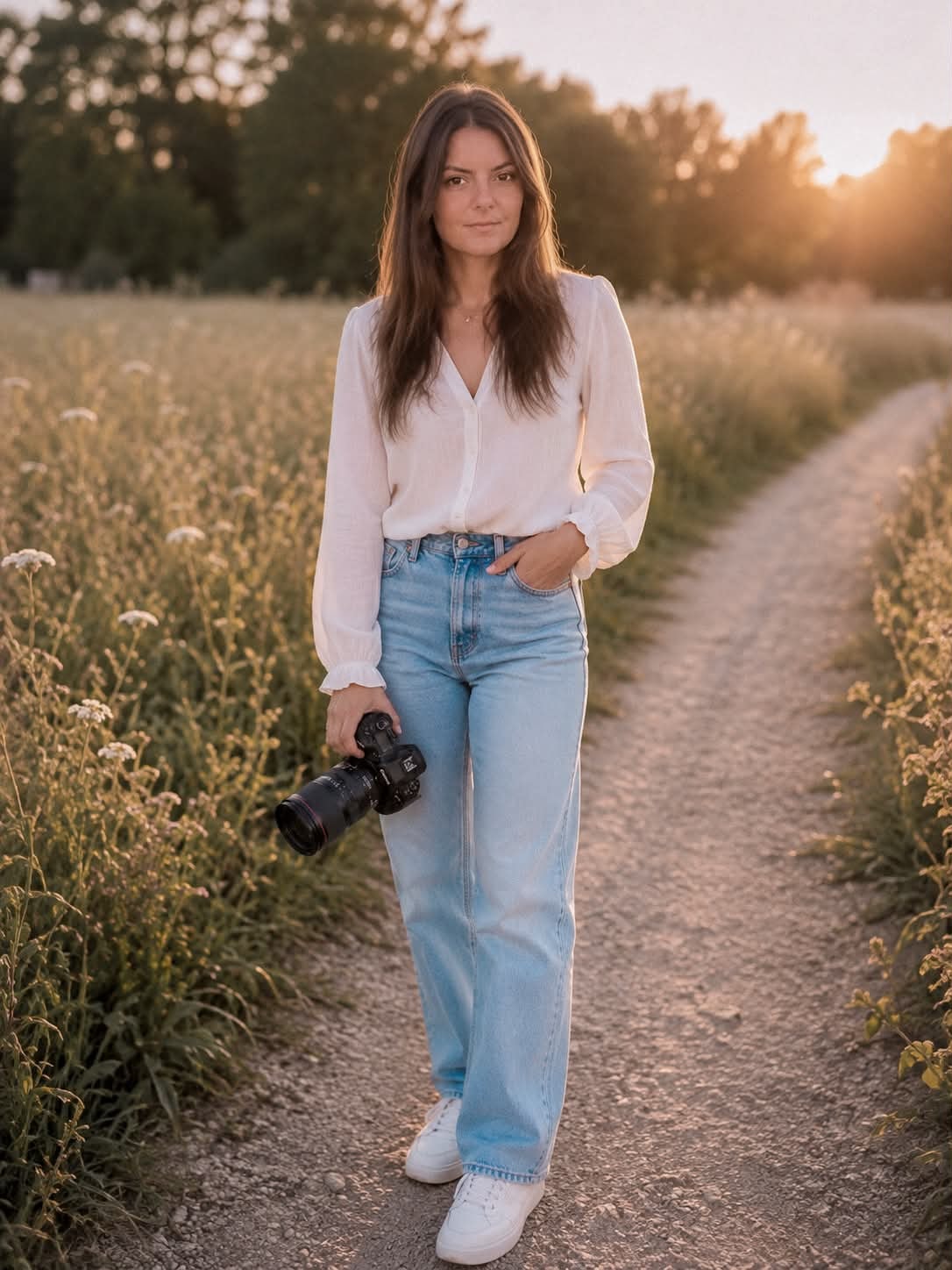 Émilie Mathieu, son appareil à la main, debout sur un chemin bordé de fleurs sauvages au soleil couchant.