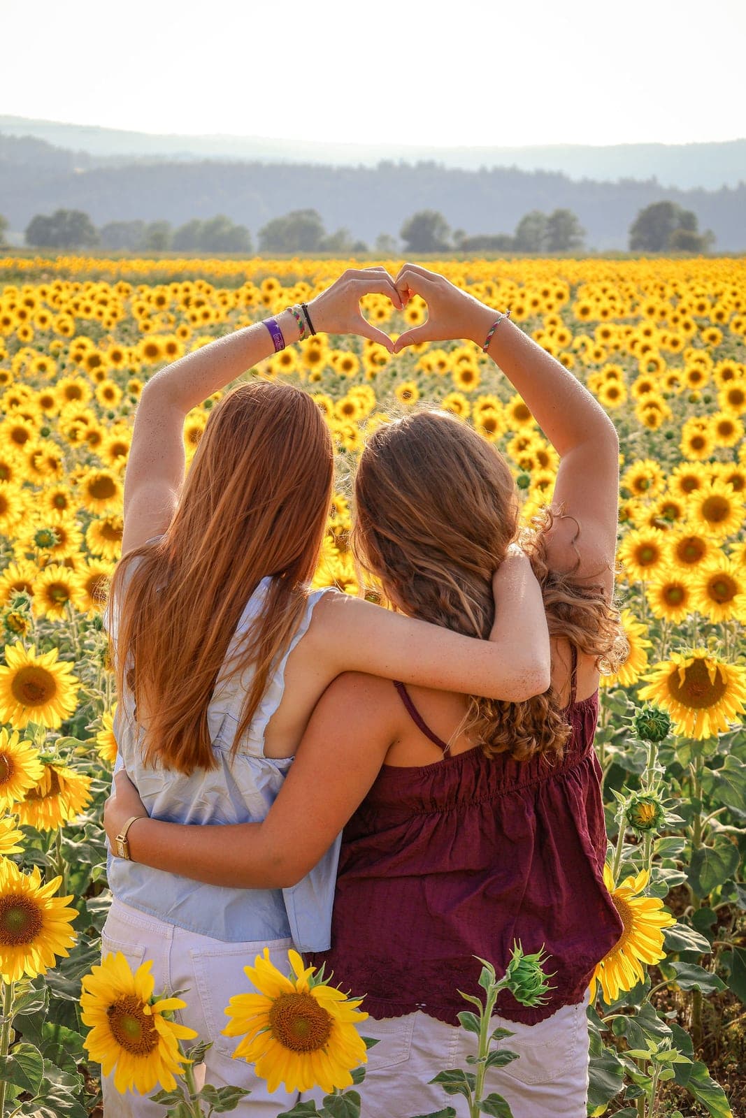 Deux sœurs enlacées forment un cœur avec leurs bras, face au champ de tournesols.