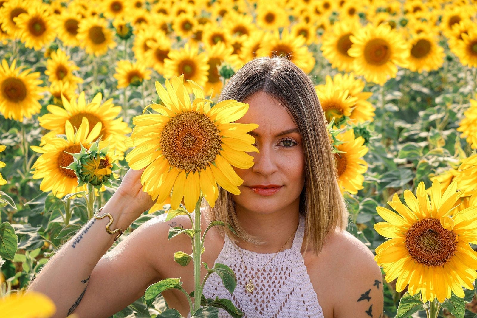 Un tournesol devant l’œil, comme un clin d’œil.